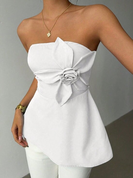 Tops - White Casual Women's Elegant 3d Floral Asymmetrical Hem Tube Top